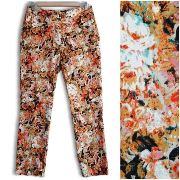 LINEA DOMANI / Crop Ankle Pants Abstract Multicolor Floral Tan Red Pink White 4 - Picture 1 of 15
